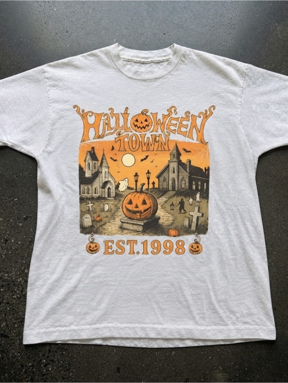White Halloween Town Spooky Pumpkin Graphic T-Shirt Gildan Tee Top